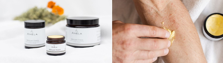 dva obrázky, na jednom šlehané máslo vhodné pro ekzematiky, na druhém obrázku jeho aplikace na ruku