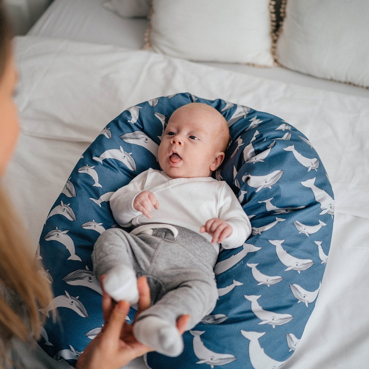 Kojicí polštář Velrybí rodinka modrá