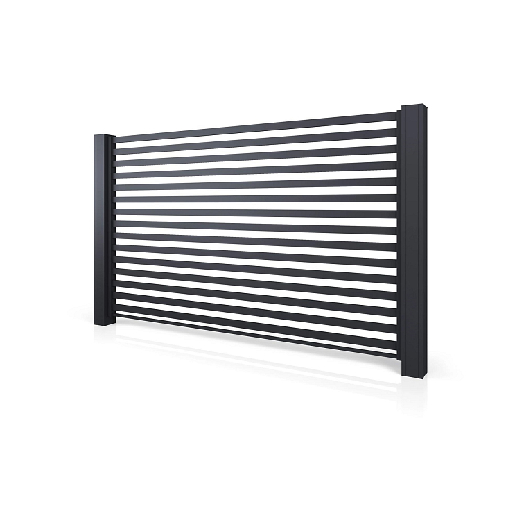 Lamelový hliníkový plot HN06 v antracitové barvě RAL 7016 s pravidelným vodorovným rozestupem lamel pro vzdušný a moderní vzhled