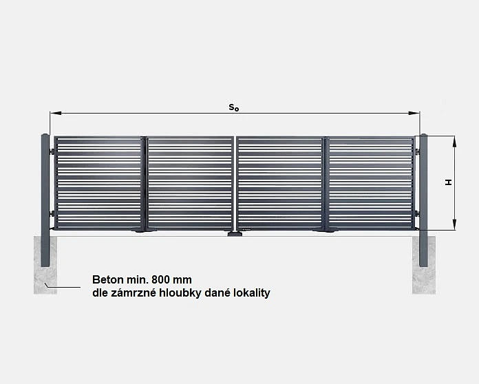 Technický nákres skládací brány s rozměry So a H a doporučenou hloubkou zabetonování