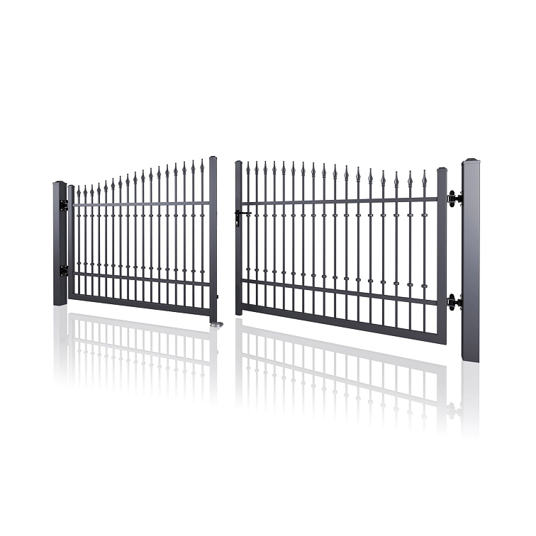 Dvoukřídlá kovaná brána v antracitové barvě RAL 7016 – symetrický vstup s klasickým vzhledem