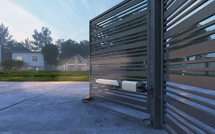 Detail pohonu skládací brány s lamelovým designem v moderním prostředí