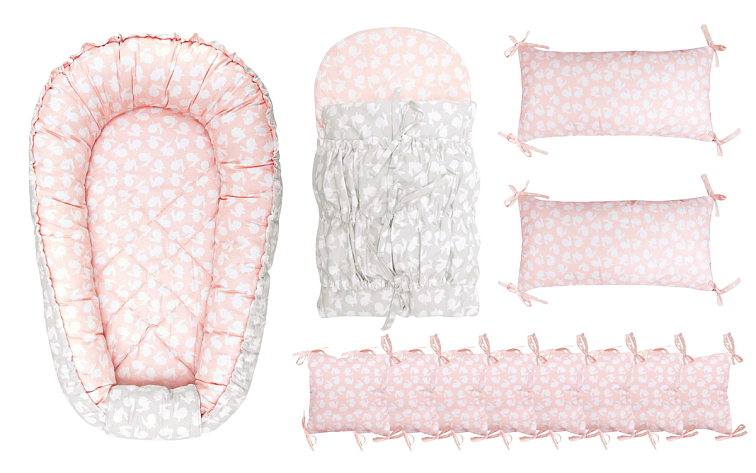 CLASSIC výbava pro miminko 3v1 hnízdečko + zavinovačka + mantinel BUNNY SILVER-ROSE