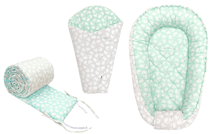 CLASSIC výbava pro miminko 3v1 hnízdečko + zavinovačka + mantinel BUNNY SILVER-MINT