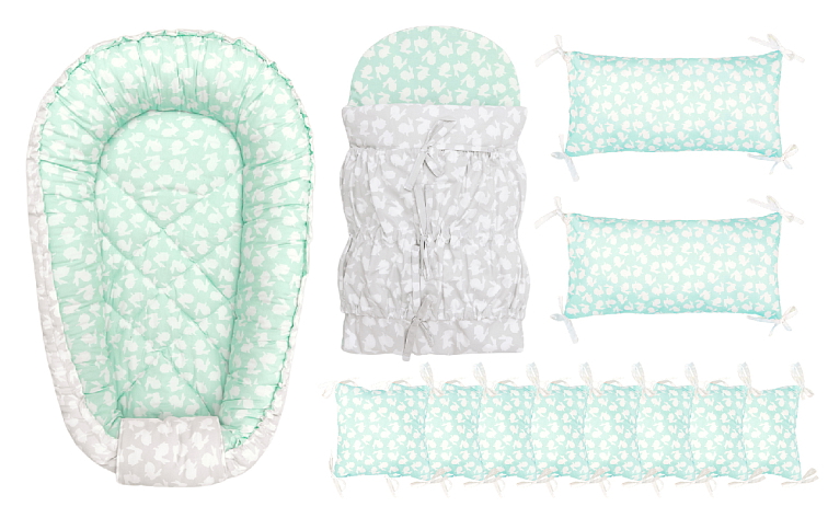 CLASSIC výbava pro miminko 3v1 hnízdečko + zavinovačka + mantinel BUNNY SILVER-MINT