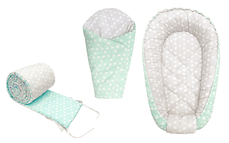 CLASSIC výbava pro miminko 3v1 hnízdečko + zavinovačka + mantinel LOVE SILVER-MINT