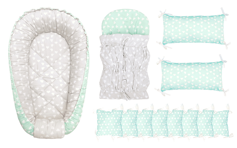 MODERN výbava pro miminko 3v1 hnízdečko + zavinovačka + mantinel LOVE SILVER-MINT