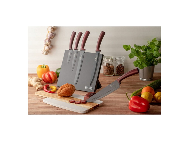 6 dielna sada nožov s magnetickým stojanom s bordovou rukoväťou