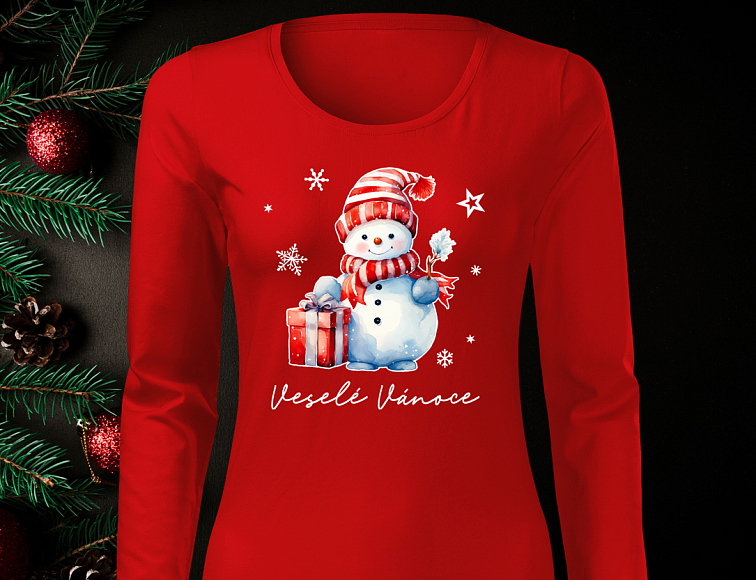 Sněhulák se šálou - Dětské triko červené - DLOUHÝ RUKÁV