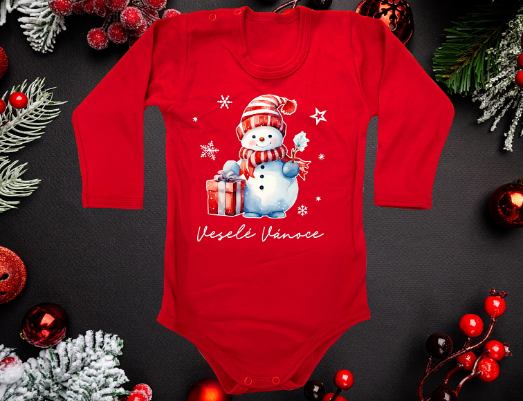 Sněhulák se šálou - Dětské triko červené - DLOUHÝ RUKÁV