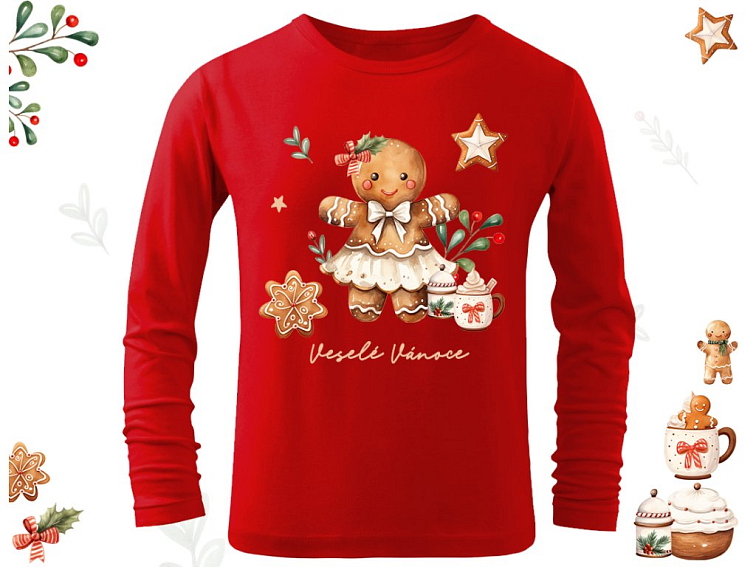 Perníčková panenka - Dětské triko červené-DLOUHÝ RUKÁV