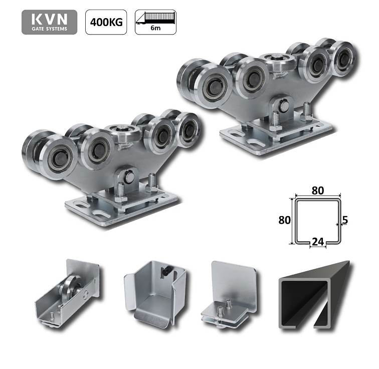 Samonosný systém 80x80x5mm pro posuvné brány do 400kg / 6m otvor (W39/80Fe 6m černý profil, 2x W3999F.80, 1x W36/80, 1x W37M, 1x W32/80)
