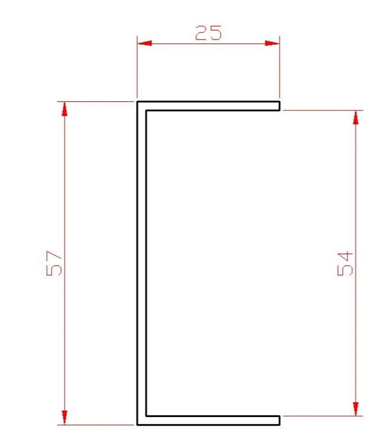 U profil délka=2000mm, 25x57x25x1,5mm, zinkovaný plech