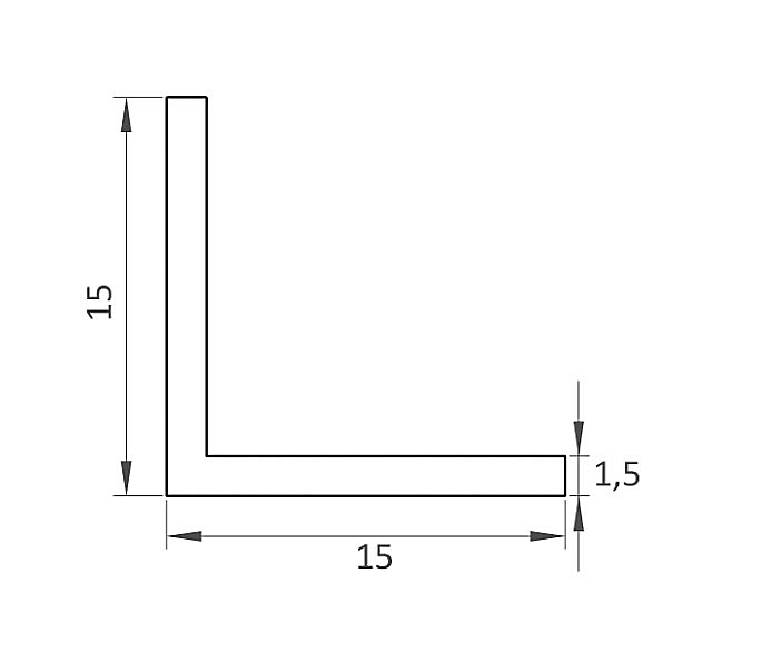 "L" profil 15x15x1,5mm, materiál EN AW-6060 T66, přírodní hliník bez povrchové úpravy, délka 6m