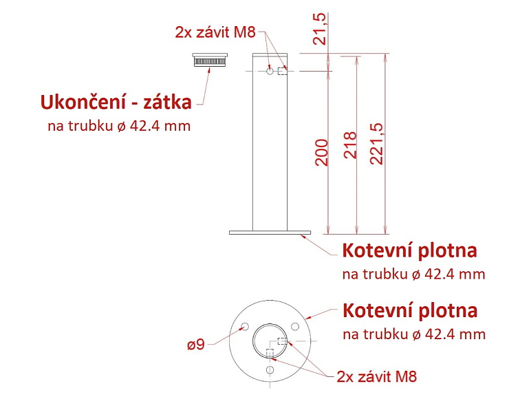 Příruba (rohová) na fasádní lankovou stěnu, odsazení 200mm, se dvěma vnitřními závity M8, broušená nerez K320 / AISI 304