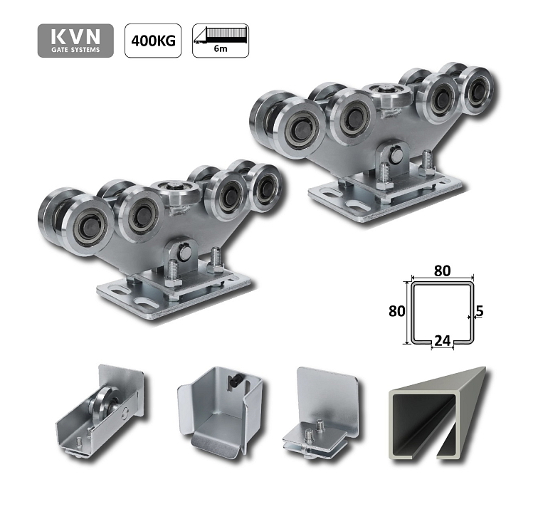 Samonosný systém 80x80x5mm pro posuvné brány do 400kg / 6m otvor (W39/80Zn 6m pozinkovaný profil, 2x W3999F.80, 1x W36/80, 1x W37M, 1x W32/80)