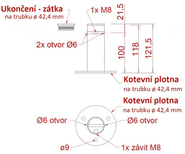 Příruba na fasádní lankovou stěnu, odsazení 100mm, průchozí, pro lanko max. ø6mm, se závitem M8, broušená nerez K320/AISI 304