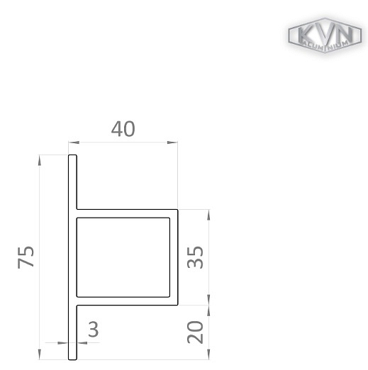 T profil dutý 40x35x75x3mm, délka=6000mm, materiál EN AW-6060 T66, přírodní hliník bez povrchové úpravy
