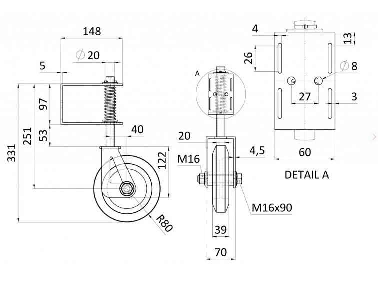 Vodící kolečko 6` pro křídlovou bránu, s pružinou, nosnost 150KG