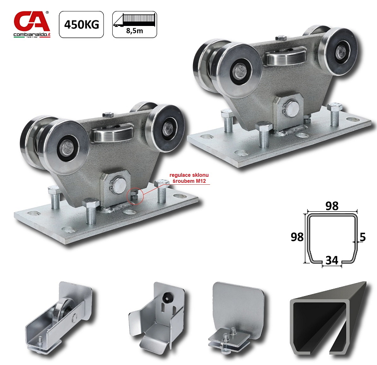 MEDIO-Klasik samonosný systém 98x98x5mm pro posuvné brány do 450kg / 8,5m otvor (C399M/Fe 1x 6m černý profil, C395M KLASIK 2ks, C396M 1ks, C397M 1ks), běžný provoz