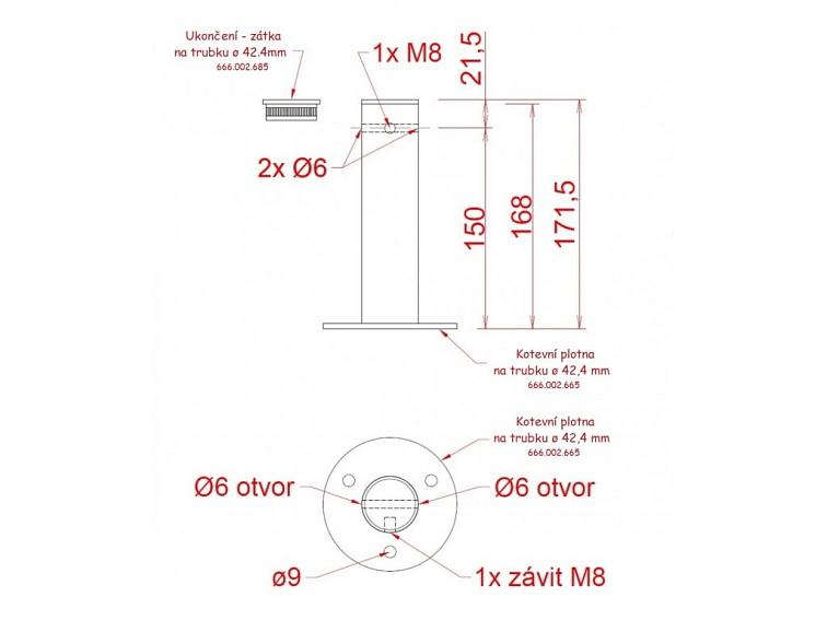 Příruba na fasádní lankovou stěnu, odsazení 150mm, průchozí, pro lanko max. ø6mm, se závitem M8, broušená nerez K320/AISI 304