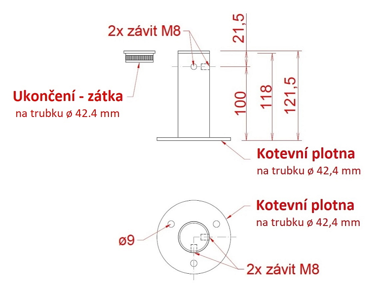 Příruba (rohová) na fasádní lankovou stěnu, odsazení 100mm, se dvěma vnitřními závity M8, broušená nerez K320 / AISI 304