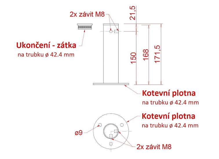 Příruba (rohová) na fasádní lankovou stěnu, odsazení 150mm, se dvěma vnitřními závity M8, broušená nerez K320 / AISI 304