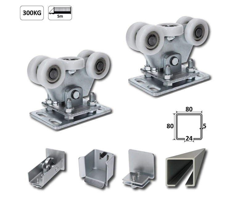 Samonosný systém 80x80x5mm posuvnej brány do 300kg/5m otvor (W39/80Zn 6m zinkový profil, 2x W35MR/N, 1x W36/80, 1x W37M, 1x W32/80)