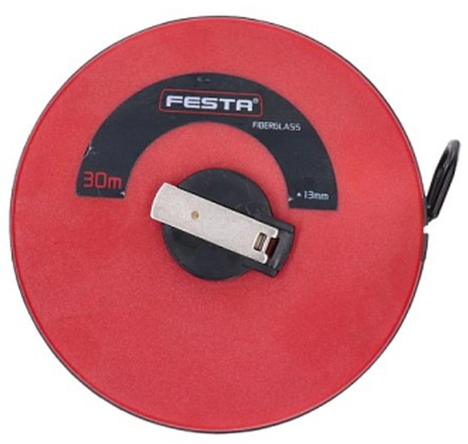 Měřící sklolaminátové pásmo, páska zakončena očkem s gumovou ochranou, sklopná navíjecí rukojeť