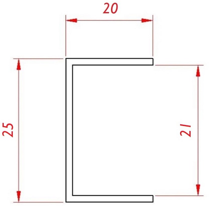 U-profil 20x25x20x2mm, žárově zinkovaný, hladký, délka 6m