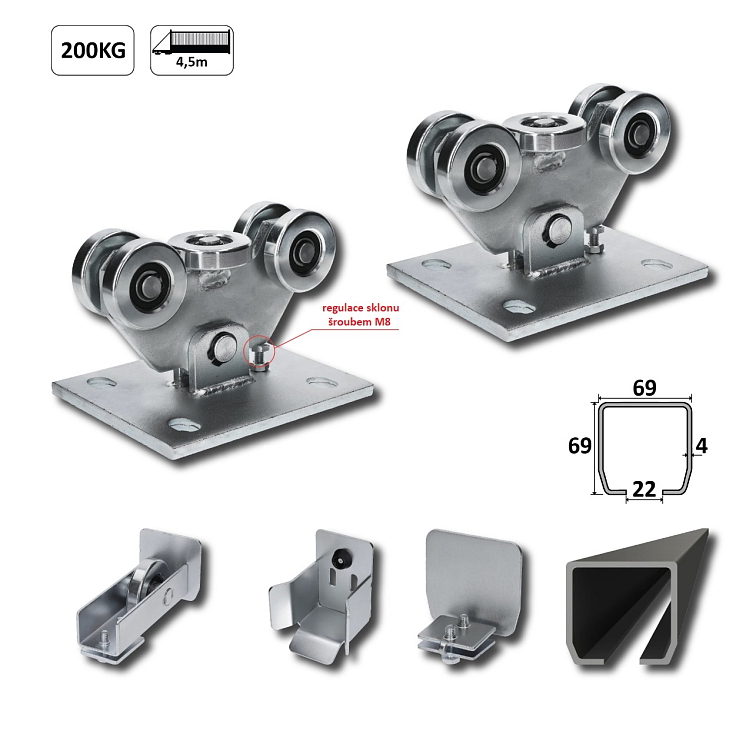 PICCOLO-Klasik samonosný systém 69x69x4mm pro posuvné brány do 200kg / 4,5m otvor (C399P-4/Fe 1x 6m černý profil, C395P KLASIK 2ks, C396P 1ks, C397P 1ks,C398P 1ks), intenzivní provoz