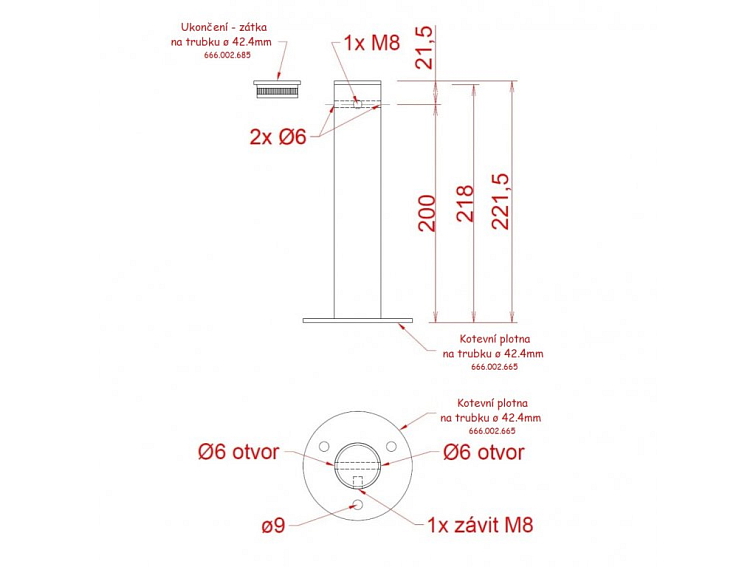 Příruba na fasádní lankovou stěnu, odsazení 200mm, průchozí, pro lanko max. ø6mm, se závitem M8, broušená nerez K320/AISI 304