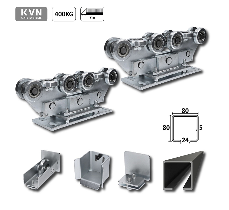 Samonosný systém 80x80x5mm pro posuvné brány do 400kg / 7m otvor (W39/80Fe 6 m černý profil, 2x W3910F.80, 1x W36/80, 1x W37M, 1x W32/80)