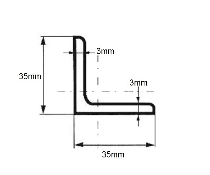 Tyč průřezu "L" 35x35x3mm, rovnoměrná, bez povrchové úpravy