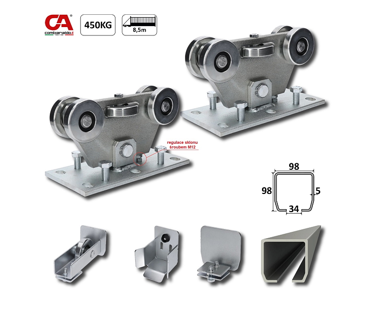 MEDIO-Klasik samonosný systém 98x98x5mm pro posuvné brány do 450kg / 8,5m otvor (C399M/Zn 1x 6m pozinkovaný profil, C395M KLASIK 2ks, C396M 1ks, C397M), běžný provoz