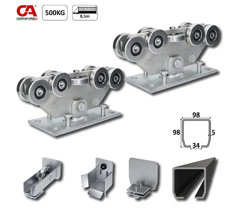 MEDIO-9 samonosný systém 98x98x5mm pro posuvné brány do 500kg / 8,5m otvor (C399M/Fe 1x 6m černý profil, C3999M 2ks, C396M 1ks, C397M 1ks), intenzivní provoz