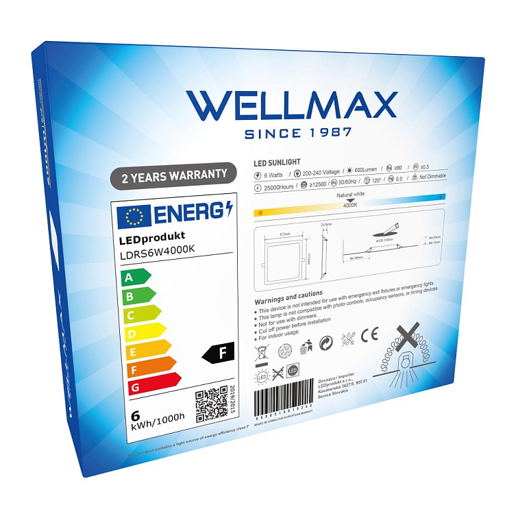 LED panel Wellmax 6W štvorec - Neutrálna biela