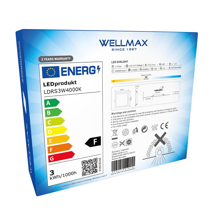 LED panel Wellmax 3W štvorec - Neutrálna biela