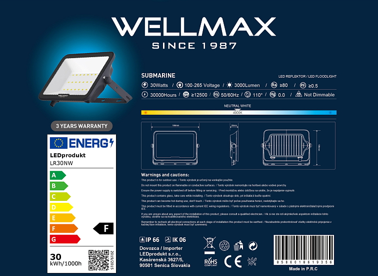 LED Reflektor Wellmax 30W Samsung LED - Neutrálna biela