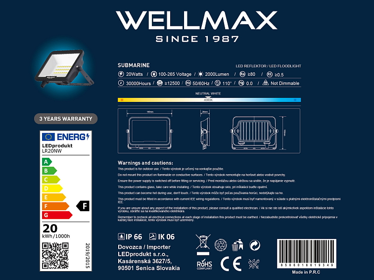 LED Reflektor Wellmax 20W Samsung LED - Neutrálna biela