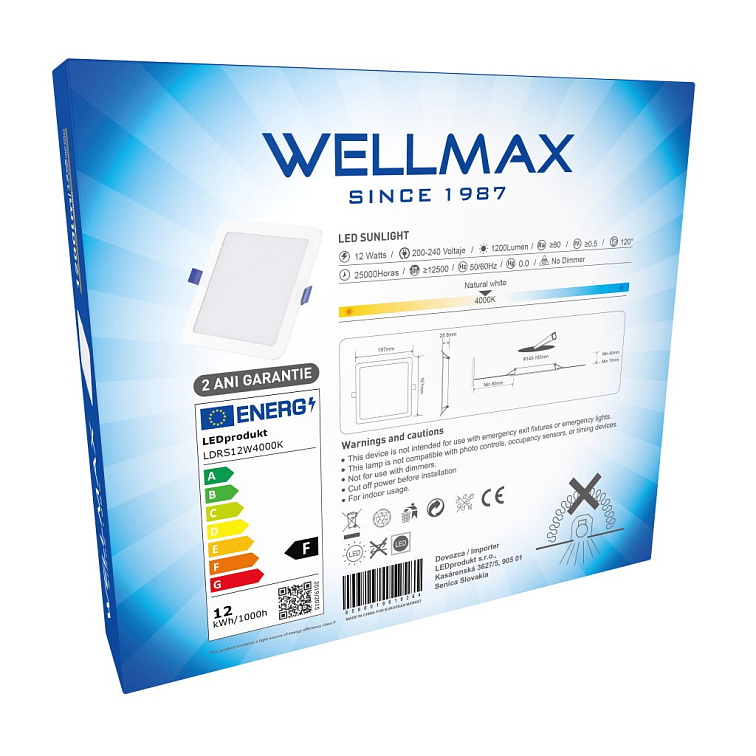 LED panel Wellmax 12W štvorec - Neutrálna biela