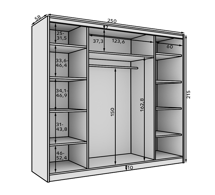 Šatní skříň s posuvnými dveřmi Andy - 250 cm