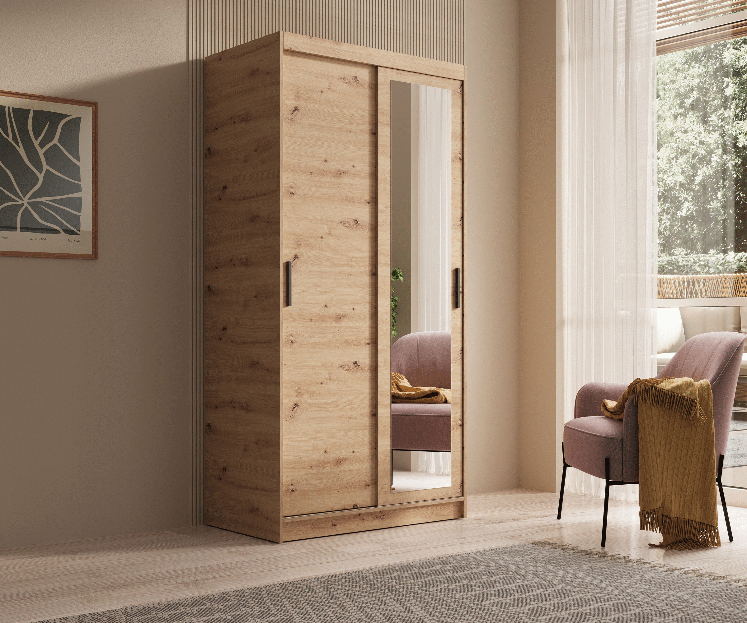 Šatní skříň s posuvnými dveřmi a zrcadlem Hailey - 100 cm