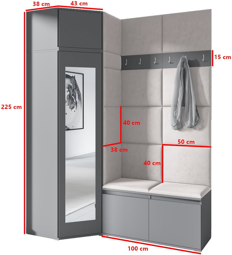 Rohová předsíňová stěna Emi 37 - grafit