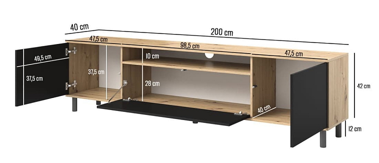 TV stolek Logan 200 - Černá - 12 cm nožky
