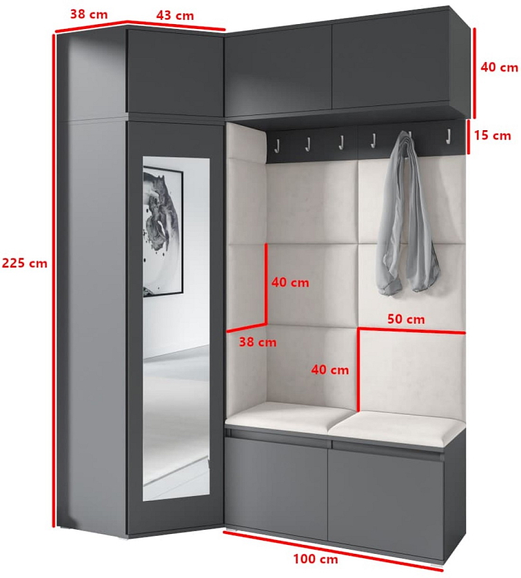 Rohová předsíňová stěna Emi 38 - grafit