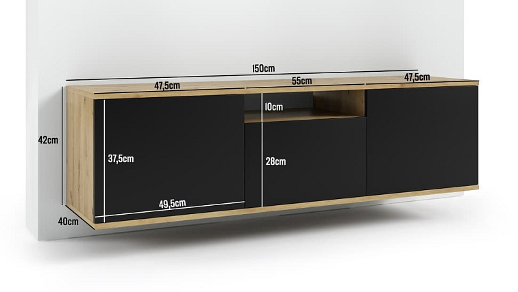 Závěsný TV stolek Logan 150 cm - dub Artisan/Černá