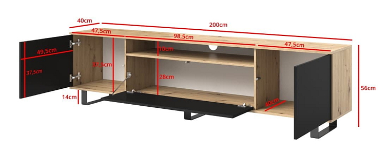 TV stolek Logan 200 - Černá - 14 cm nožky