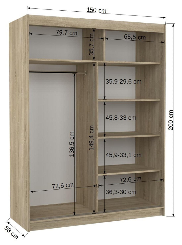 Šatní skříň s posuvnými dveřmi Bario - 150 cm