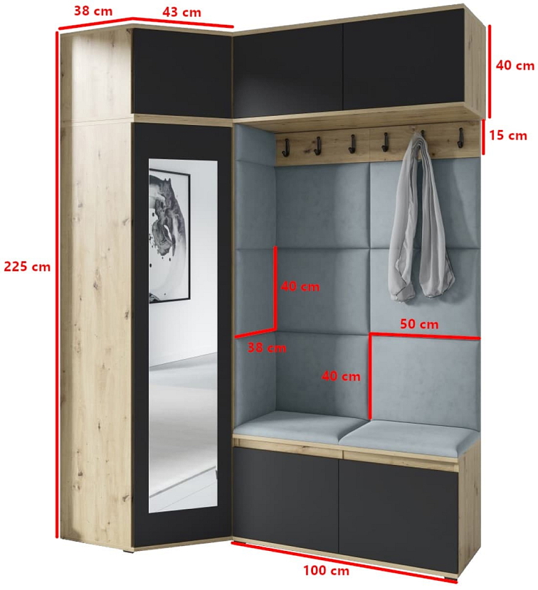 Rohová předsíňová stěna Emi 38 - dub/černá